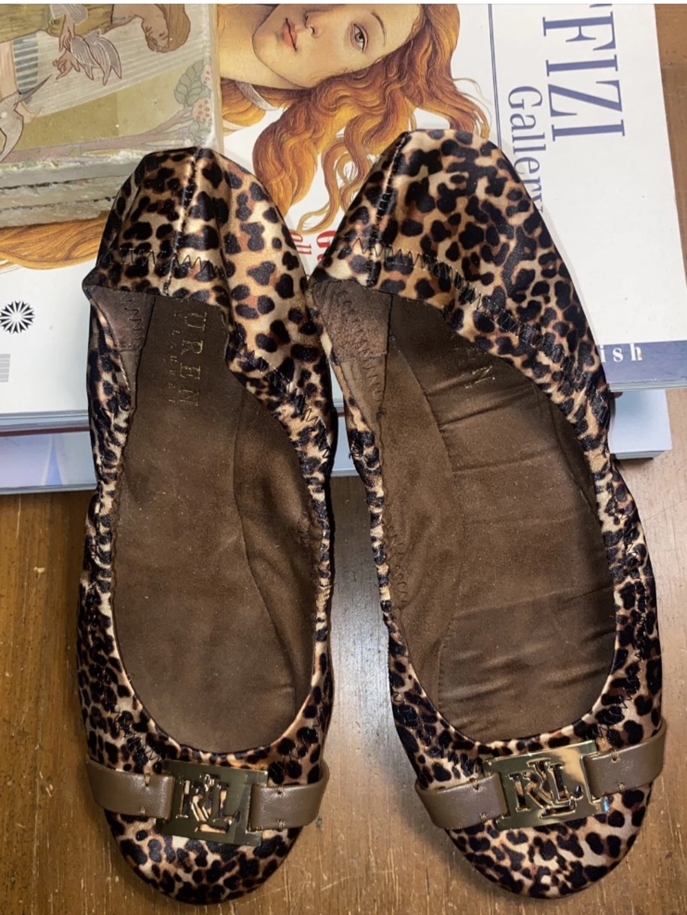 LAUREN Ralph Lauren “Betty” Cheetah Satin Slip-On Flats Shoes-8.5B-Gold RL Logo